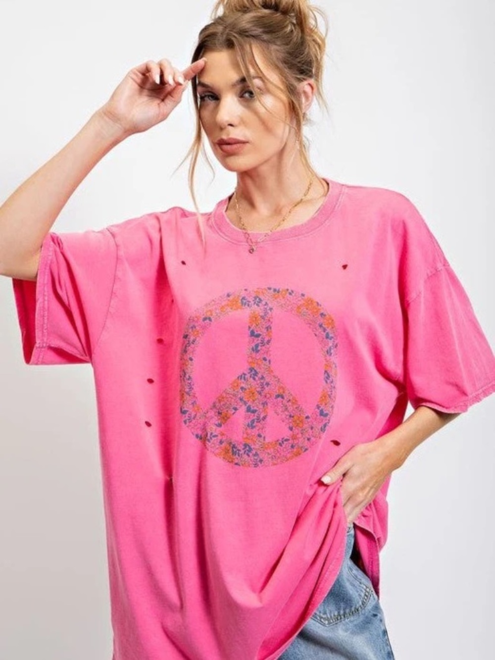 Easel Floral Peace Graphic Loose Fit Short Sleeve Cotton Top Oversized Shirt Top